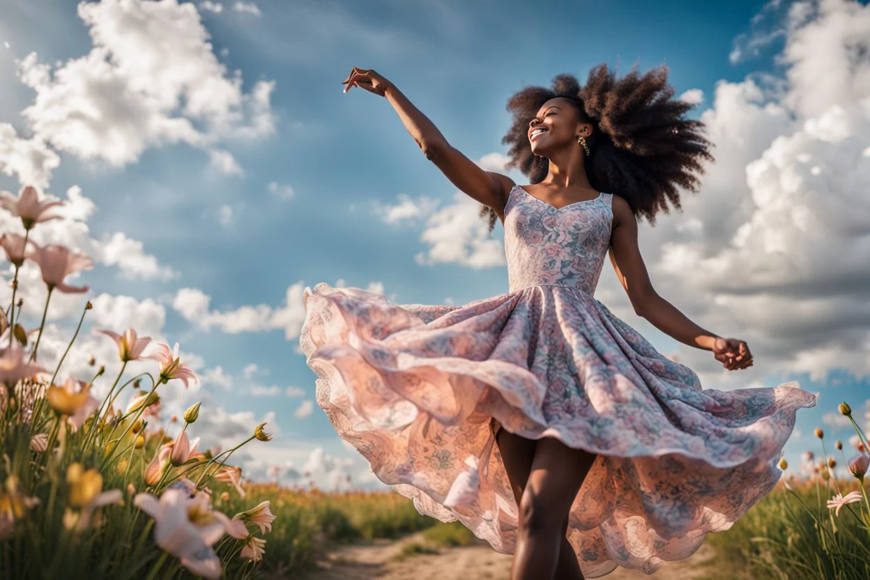 The camera zooms in, focusing sharply on young black girl Lily wearing pretty dress as she dances gracefully in the same romantic environment with flowers and sky with nice clouds. Her joy and youth are presented against the backdrop of the surreal surroundings.