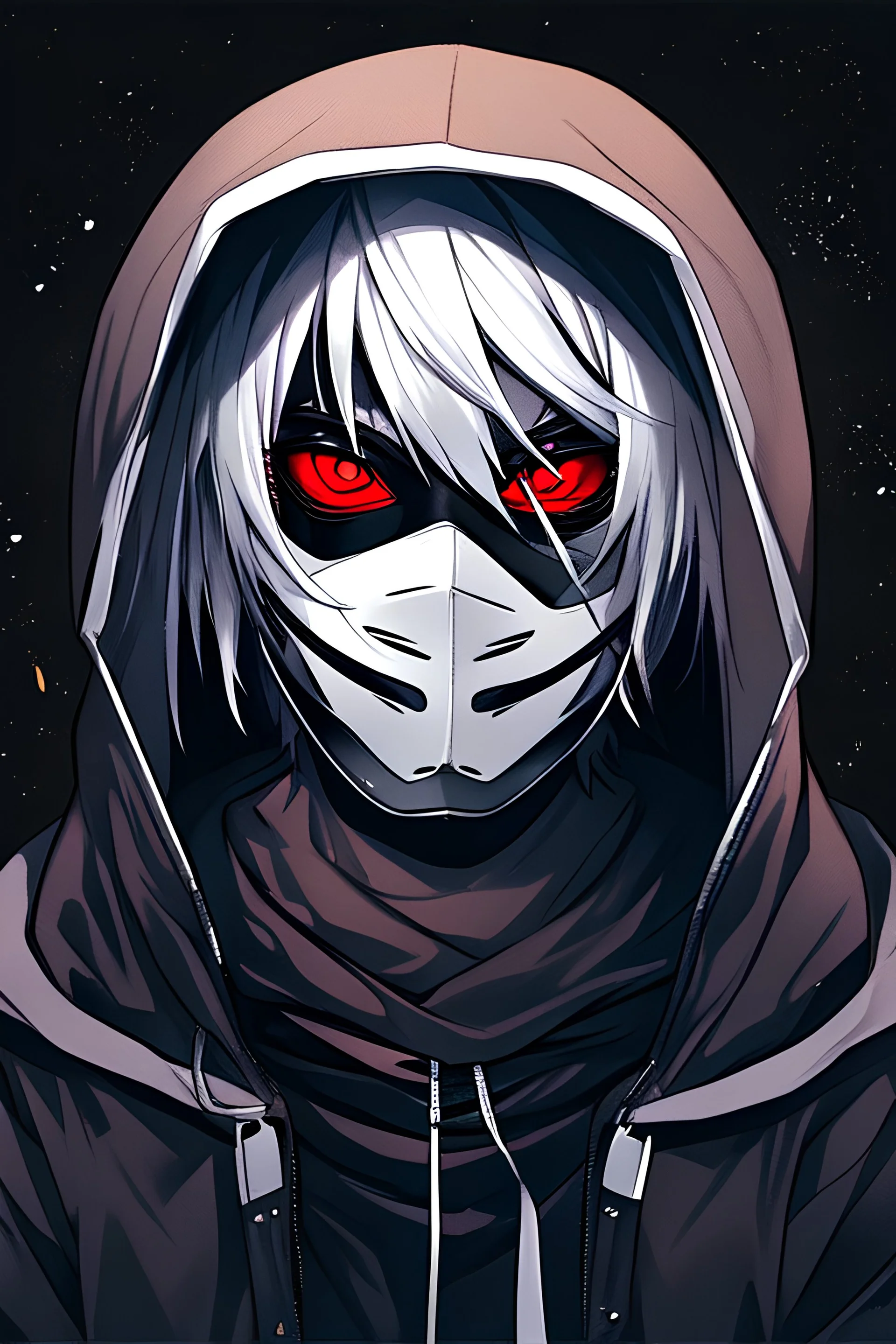 1boy, black background, black sclera, colored sclera, hood, hoodie, kaneki ken, male focus, mask, mouth mask, red eyes, solo, white hair, zipper