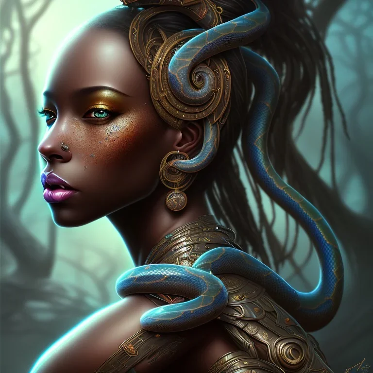 sango fantasy, fantasy magic, intricate, sharp focus, illustration, highly detailed, digital painting, concept art, matte, masterpiece snake head sexy lady body black African beauty fish wearing African hair more head background