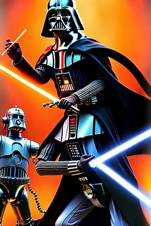 Darth Vader battling Luke Skywalker with lighsabres, while C3PO and R2D2 look on in horror.