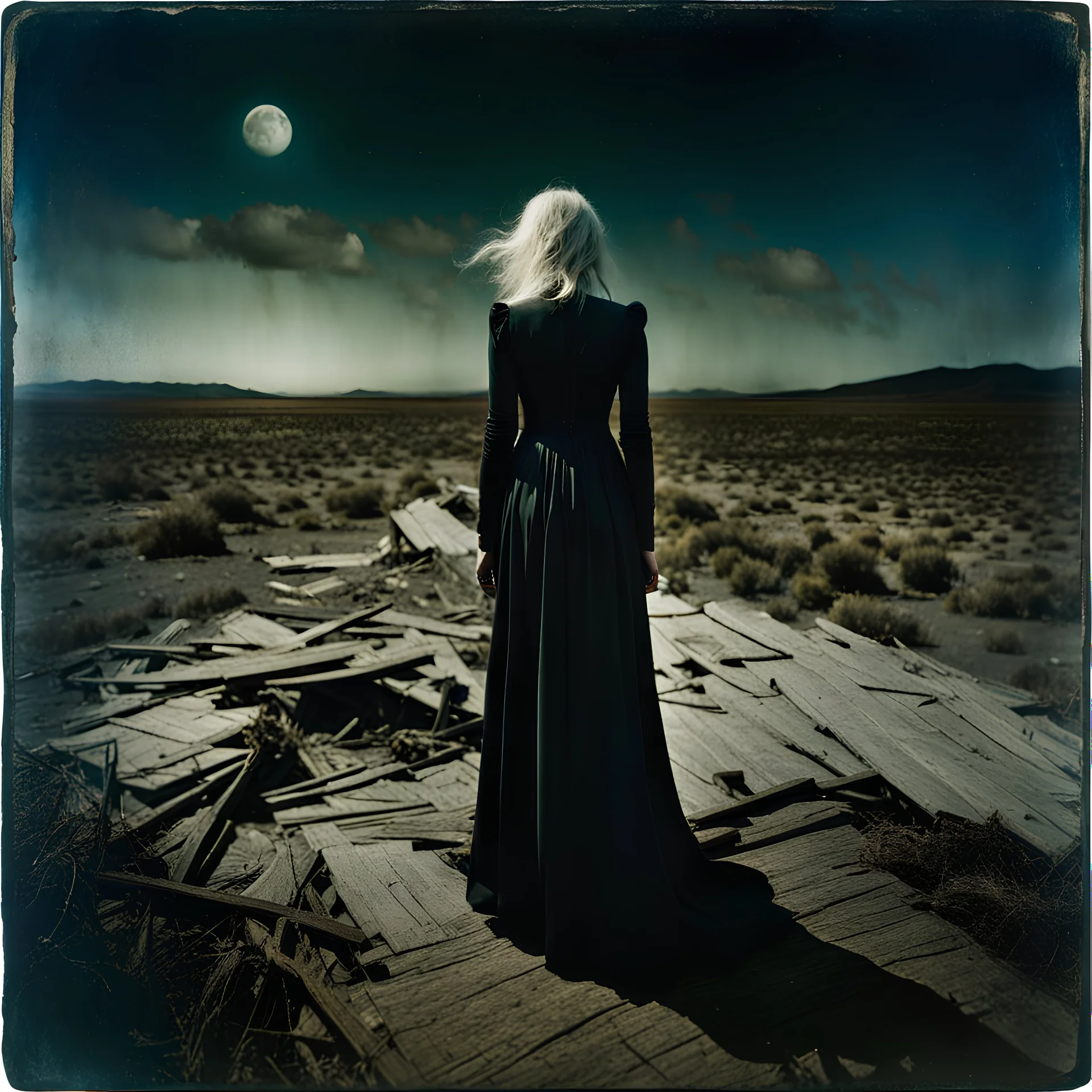 Photorealistic polaroid nothingness and distressing anguish old wooden landscape wasteland night Max Ernst, shot on Hasselblad, movie shot, details of the dress accentuated, nightmare, hypermaximalist, obsessive, hypnotic