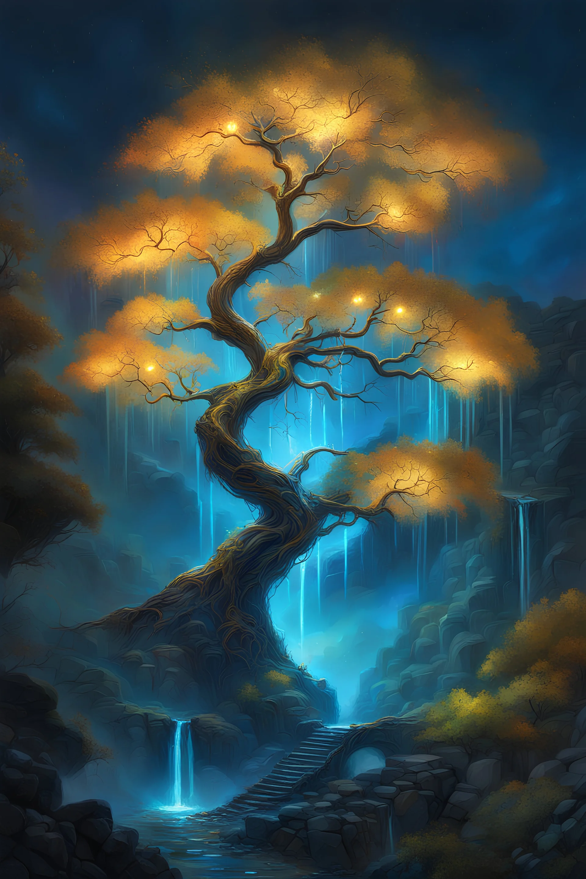 Magic glowing tree in detailed castle, detailed, intricate branches, cinematic, art by Scott Naismith, digital art, Jean-Baptiste Monge style, pastel , water drops. golden glowing, filigree, dynamic lighting, lights, extremely detailed, magic, surreal, fantasy, digital art, ,embers, glowing particles, colorful smoke , perfect composition, beautiful detailed intricate insanely detailed octane render trending on artstation, 32k artistic photography, photorealistic concept art, soft natural