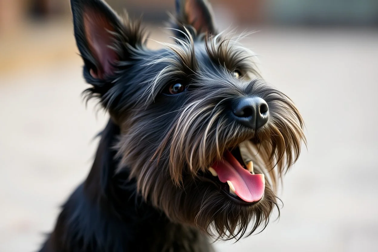 side of head nose mouth and eyes of a Scottish terrier coming up from the side-bottom, mouth open biting
