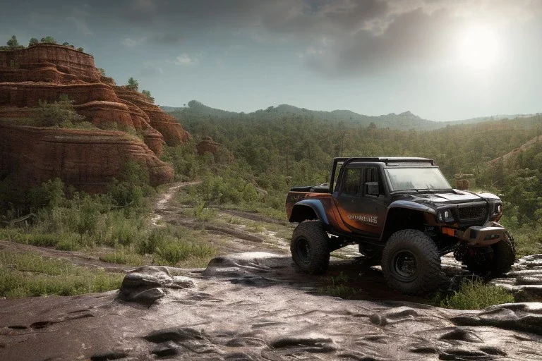 redshift style, photorealistic macro shot, black toy RC off-road trucks climbing a very steep huge boulder, earth color palette, sunset, sharp focus, puddle reflection, refraction, god rays, very rocky terrain, very huge boulders, boulders, detailed and intricate, intense cinematic composition, tilt shit photography