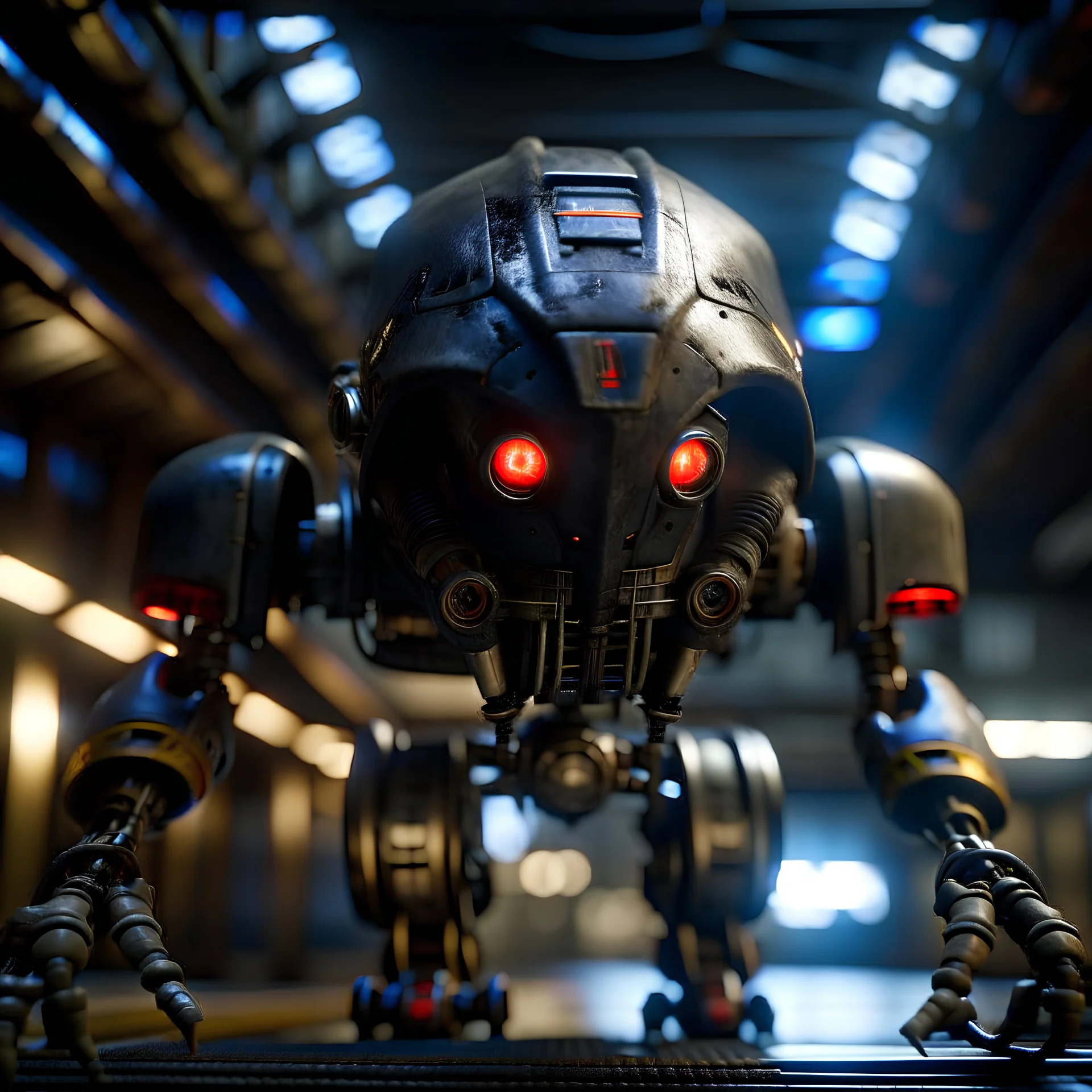 portrait of a ultra ninja robot with mask off entering under a big air ship, photo-realistic, shot on Hasselblad h6d-400c, zeiss prime lens, bokeh like f/0.8, tilt-shift lens 8k, high detail, smooth render, down-light, unreal engine, downlight, prize winning