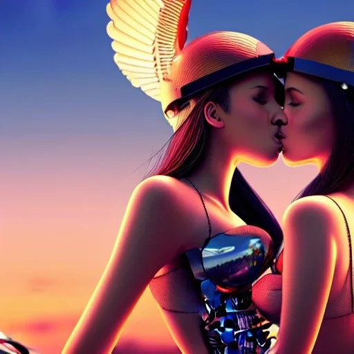 great illustrator, spanish, realistic rendering of a cute spanish girl kissing a beautiful cybergirl. beautiful, simmetric, steampunk style. Helmet with tubes. Girl with wings. Machinery in the background. Robotic bird flying. High details. 4k. unreal engine, sunset