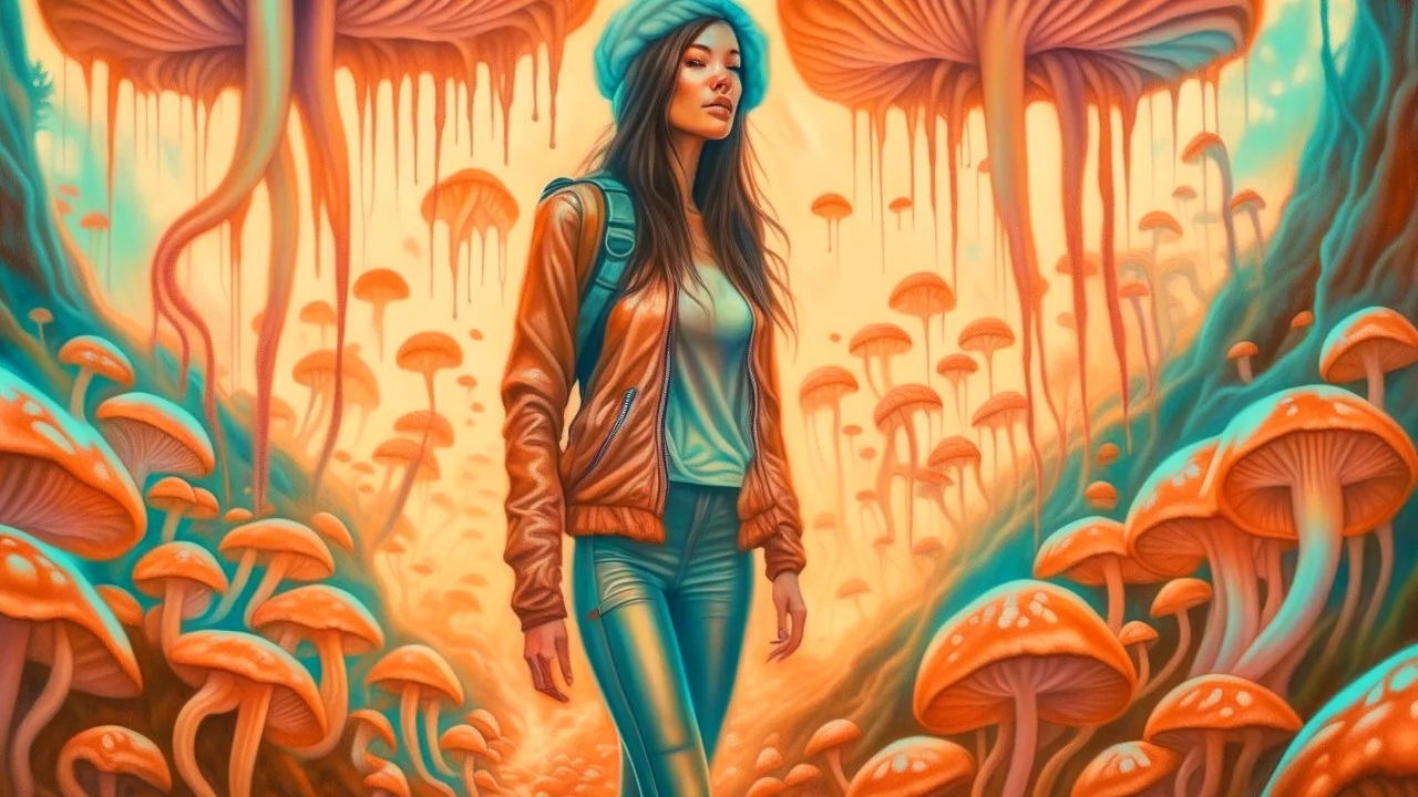 woman with black hair in a ponytail, in light brown leather trousers and jacket, walking through a forest of colourful Alien mushrooms with jellyfish tentacles, photorealistic, Intricate Detail