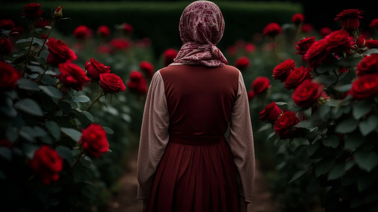 back to the camera a dark blonde young woman in old hungarian pale brown villager cloths and headscarf stands in front of the nice red rose bush, und dark red running roses around, high detalied, sharp focus, high realistic, perfect photo