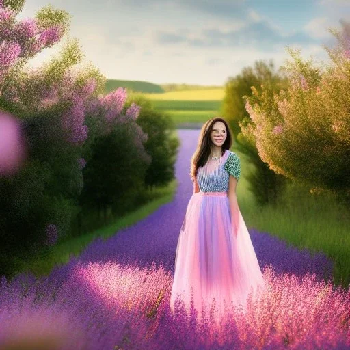 country side A full body portrait very beautiful woman ,smiling, longs hairs,elegant, atmospheric, realistic, cinematic lighting, pink blue light, 8k, galactic atmosphere, flowers