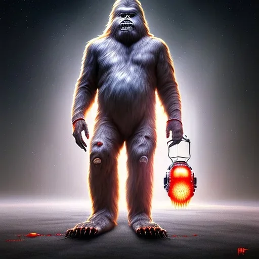 Highly detailed image of undead scary evil bigfoot Sasquatch with iridescent blood red space suit,missing helmet face shield,growling ferocious,dark fantasy,science fiction horror,evil, murderous,haunting,scary intricate details, cinematic, 8k, ultrarealistic, unreal engine,Norman Rockwell style, HR Giger style