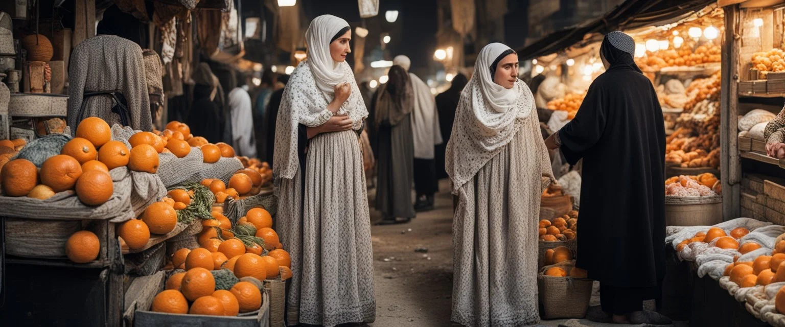 A full-length Palestinian girl wearing an embroidered dress and a white embroidered shawl buys oranges from an old seller wearing a keffiyeh in the market of Jerusalem, 100 years ago, at night with multi-colored lights reflecting on her.