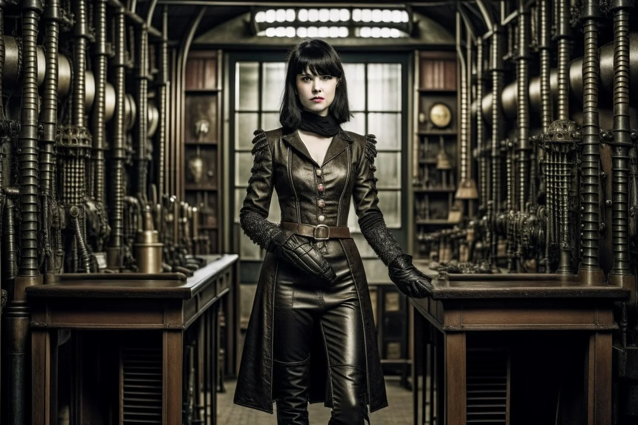 full-length pale dark-haired woman with a straight bob hairstyle with a fringe, in a steampunk leather outfit, and gloves, standing in a laboratory