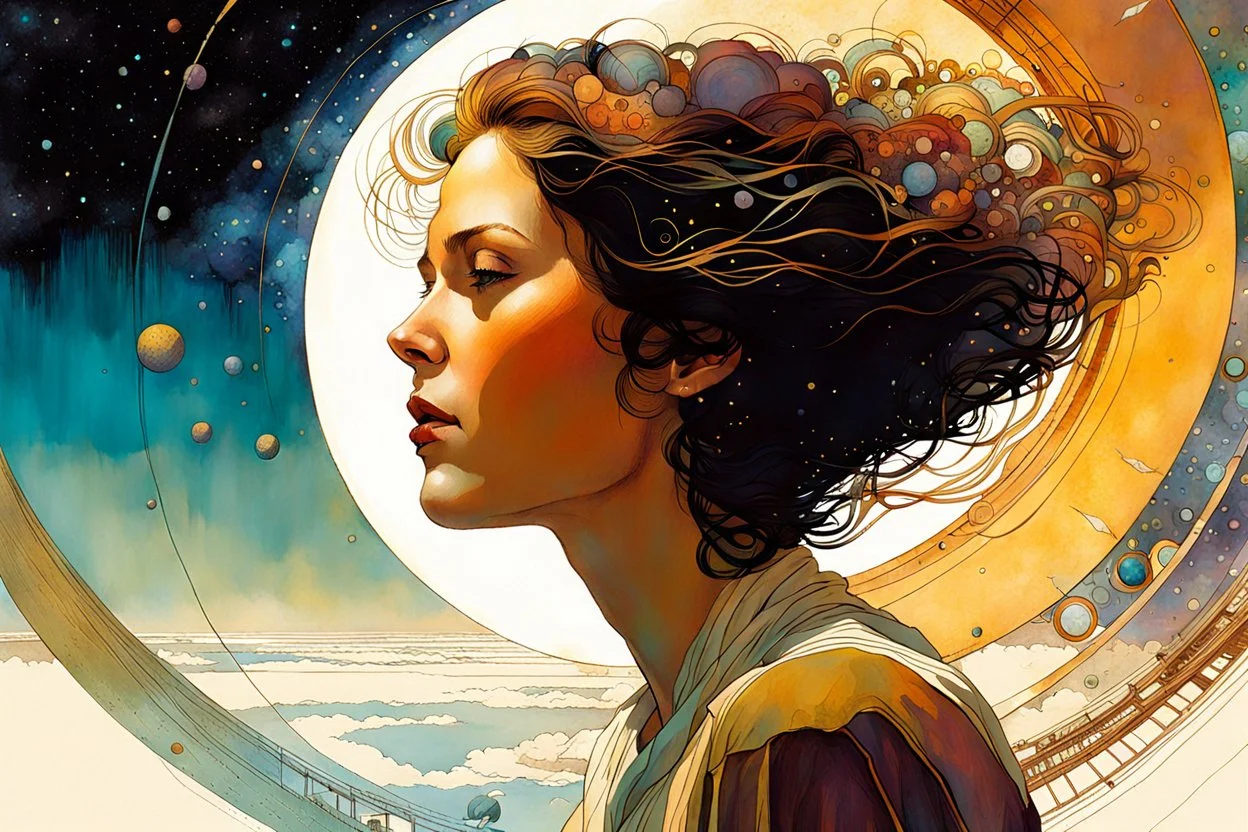 A portrait of the inner workings of the cosmic clockwork mind as she wonders at her own existence , Tracy Adams , Gabriel Pacheco , Douglas Smith , Bill Sienkiewicz, and Jean Giraud Moebius , muted natural color, sharp focus, ethereal and filled with wonder