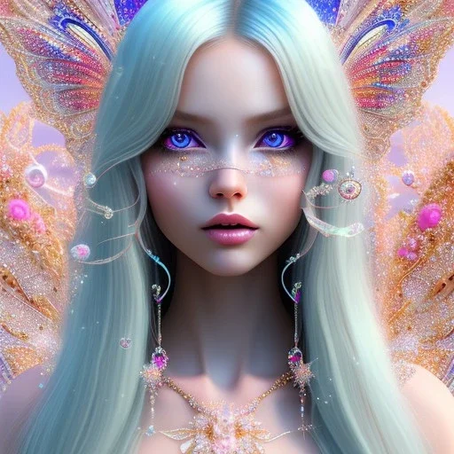  beautiful, soft, whide smile face,whole head,see full head, long blonde straight hair, blue eyes, fairy wings on the back, transparent crystal blue and pink clothes, background blue and pink, big definition, 8K