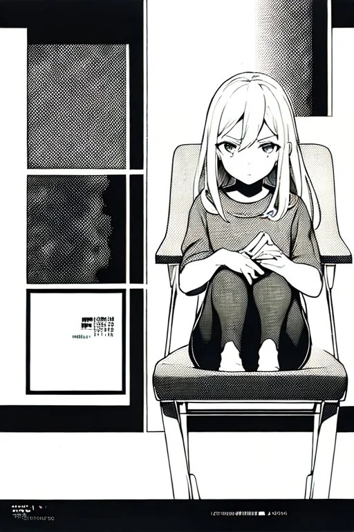 blonde girl converses sitting on a chair., grayscale, manga page