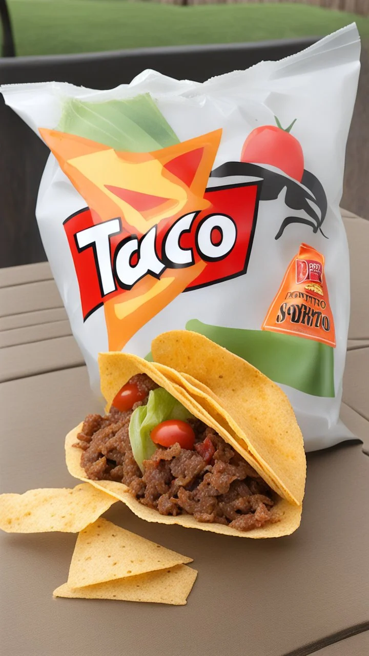 "Taco in a Bag" which consists of an open Doritos chip bag containing Doritos chips and cooked ground beef and lettuce and shredded cheese and tomato pepper and onions, food blogger photography