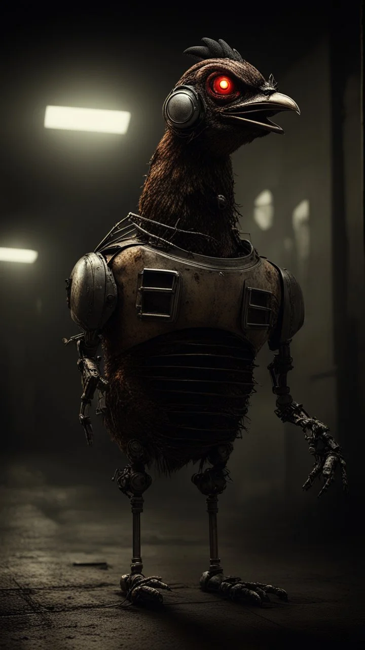 chicken monster robot with eerie lighting and a haunting atmosphere , photo / ultra realistic cinematic