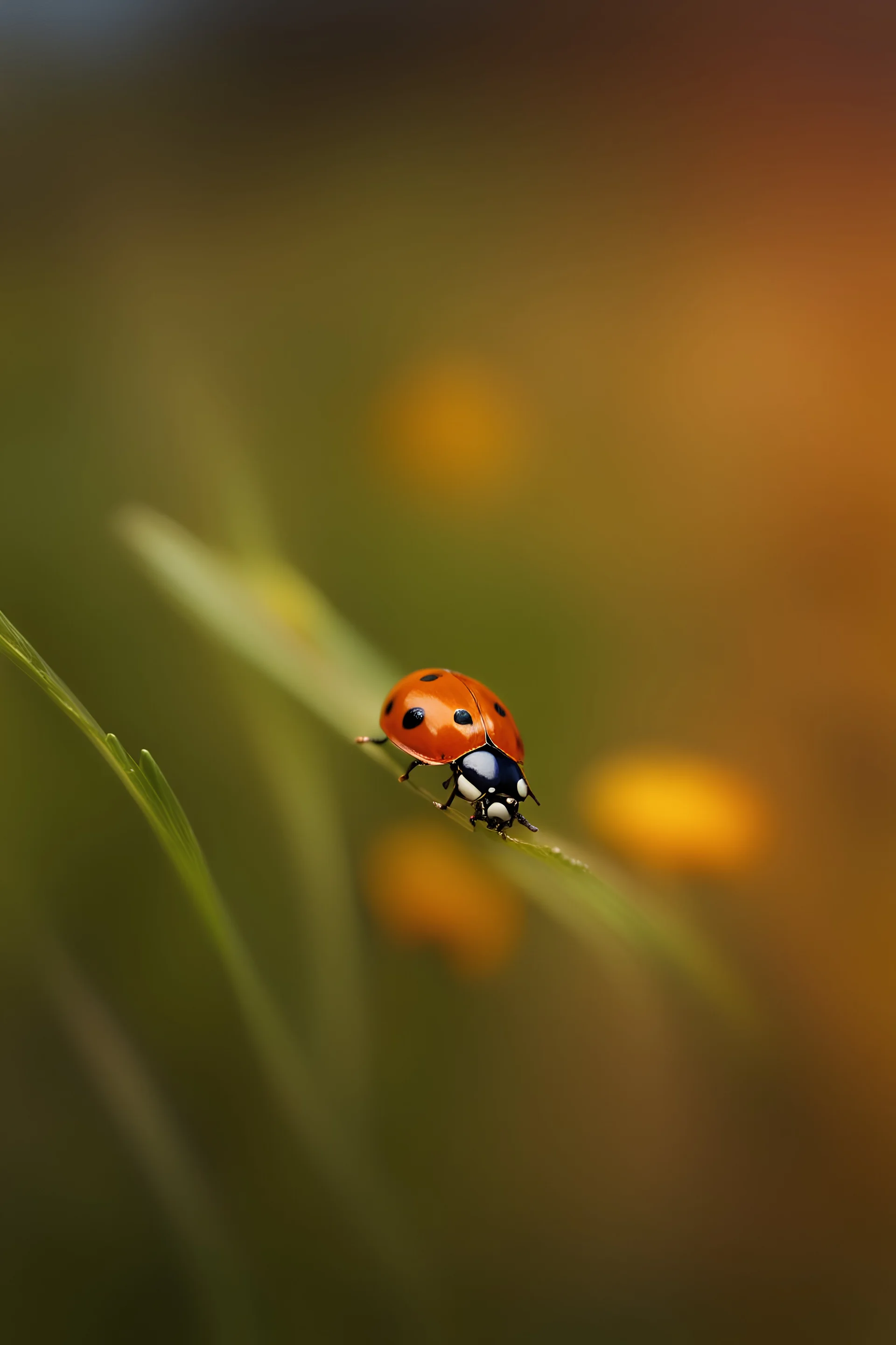 Ladybug on a blade of of grass among wild flowers in the style of film, light green and amber portraiture iconography, light orange and indigo, mamiya 7 ii, refractions of light, sharp focus, HDRI.