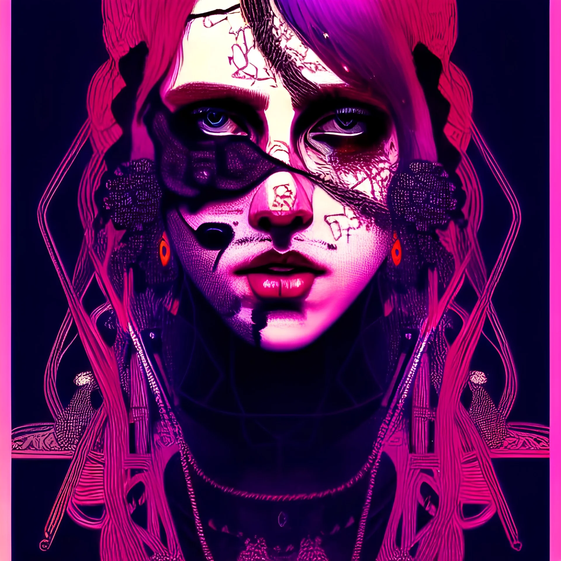 singer Danish MØ face, punk, hyper detailed, intricately detailed, illustration by <kilian eng> <Yoji Shinkawa>, purple tones,