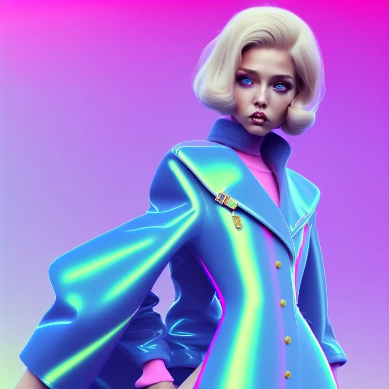 blonde woman, purpurin, minimal latex dress, oversize velvet coat, gradient color, BLUE, PINK, CYAN, neon, insanely detailed, 16k resolution, perfect eyes, cinematic smooth, intricate detail