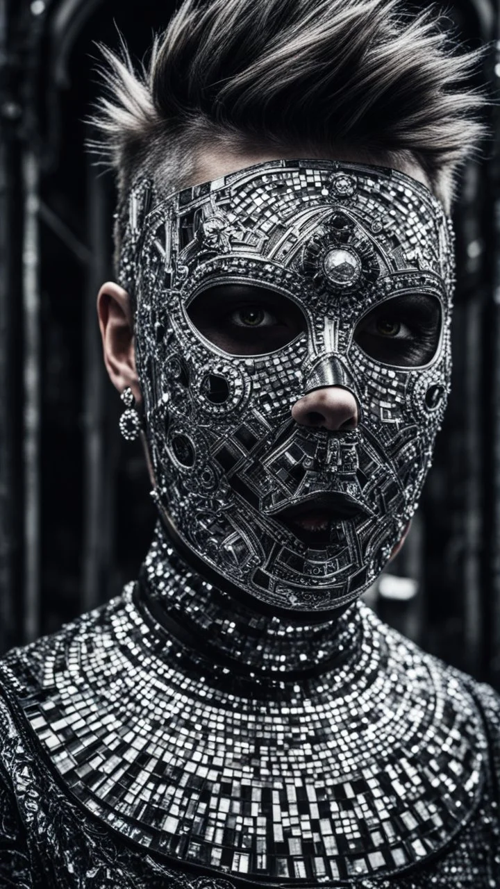 Medium close shot, a horror business punk is wearing a mirrored mosaic tile mask, ornate and shiny, intricate details, long exposure leading to the backdrop of a horrific sewer system, black tones