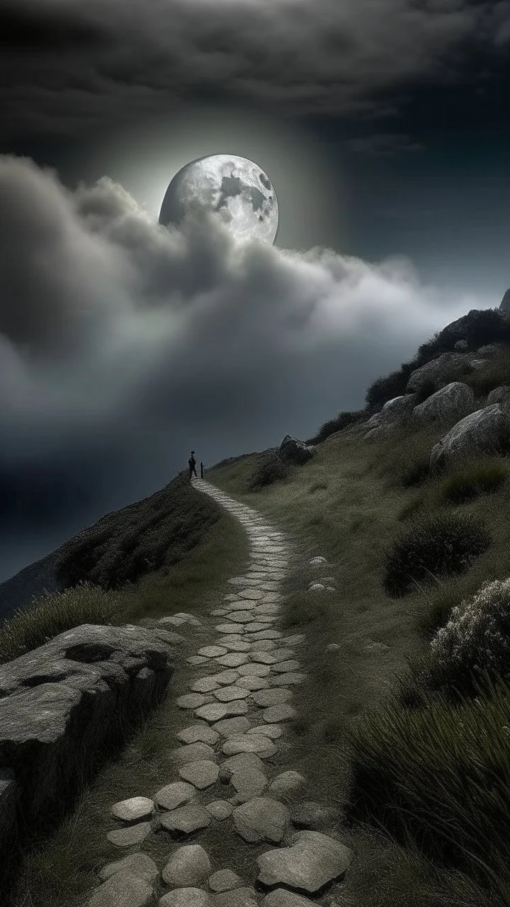 narrow stone path above the ground gradually getting higher into the clouds no railings, dangerous drop people in black leathers medievil period weather is wet spiraling into the clouds fantasy, a valley in mountains with a moon showing in the background human skuo on the sides of the trail