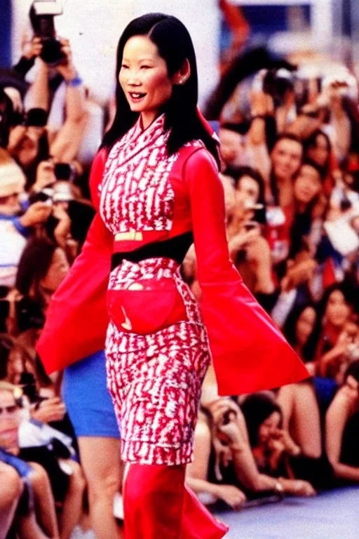 Rare image of Lucy Liu in Carelian Dress. 1990's women street fashion with new kind of hood with tippet horizontal zipper reveals belly. Light dress with integrated bags of recycled denim straight, Pike fish print with huge vulgarism that continues downwards too! . Style: Haute couture. High sewing or high dressmaking, exclusive designer creations, Label Ensemble. Off-the-rack. Hemline. In vogue. Fashion-forward bohemian.