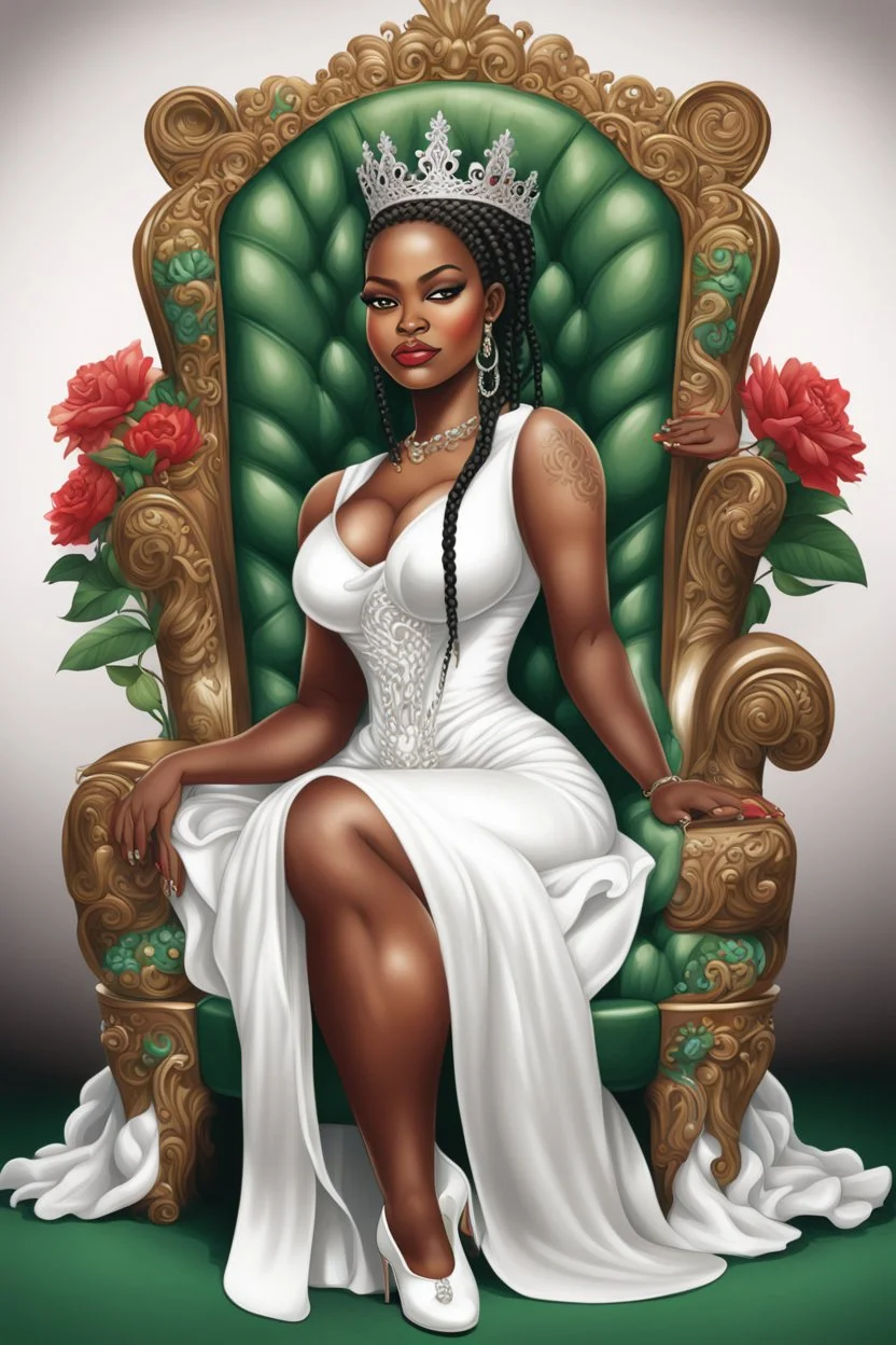 Create a digital airbrush cartoon of a curvy African American female sitting sideways on a queen throne. She is wearing a white shiny gown with white heels. Prominent make up with brown eyes. Highly detailed black and off-white braids in her hair. The braids are flowing all directions with a crown on her head. Background of green, black and red flowers surrounding her