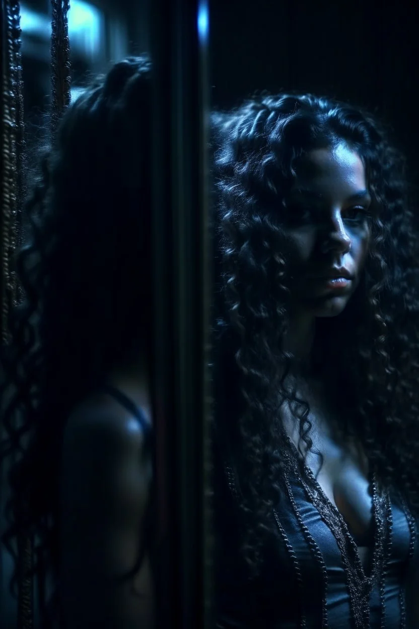 Close up of a beautiful woman with long curly black hair standing in front of a mirror, she doesn't see, but her reflection in the mirror is a dark demon with intense scary eyes looking back at her. Super realistic, 8k high quality