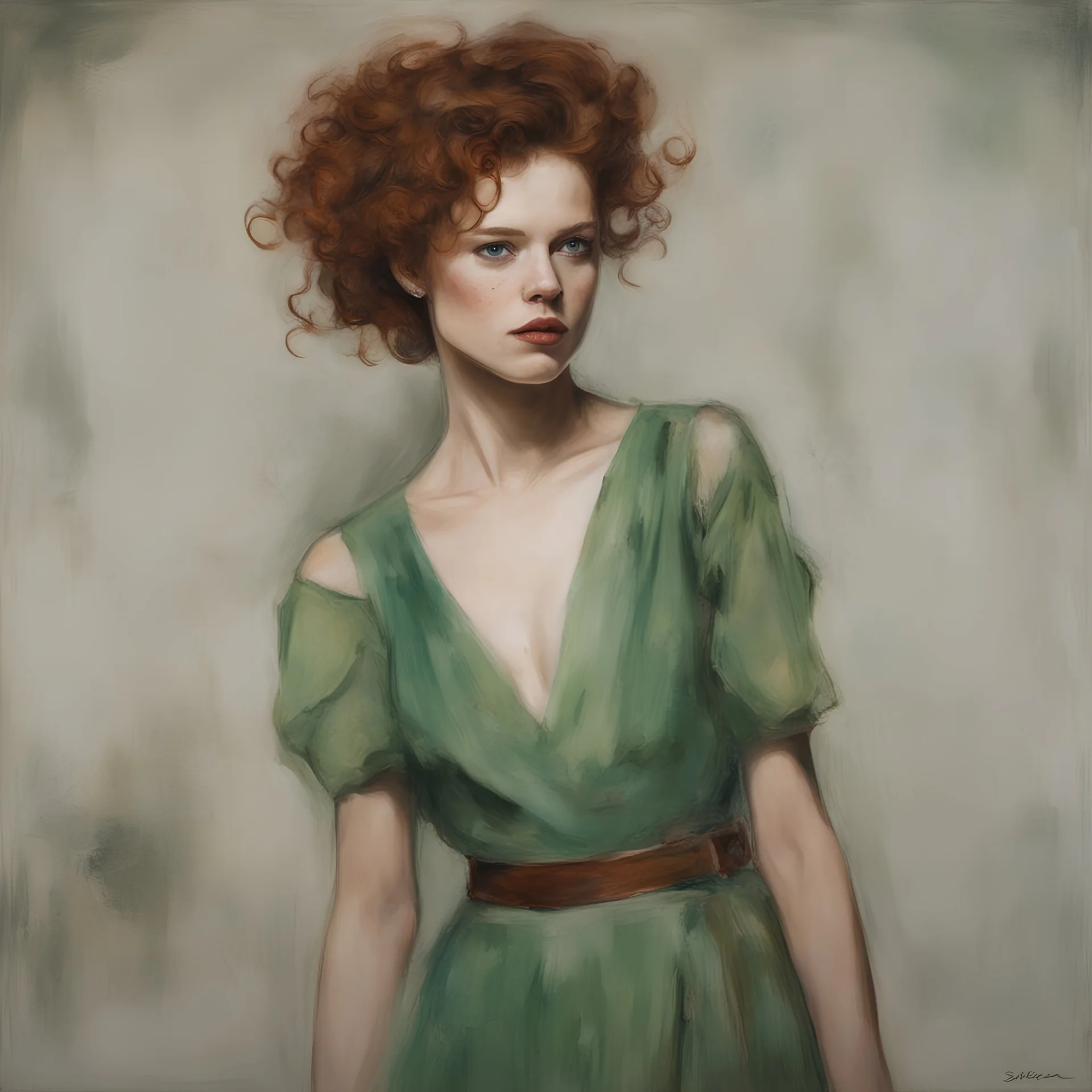 Top model Sara grace wallerstedt, freckles, in the style of egon Schiele, green dress, painting