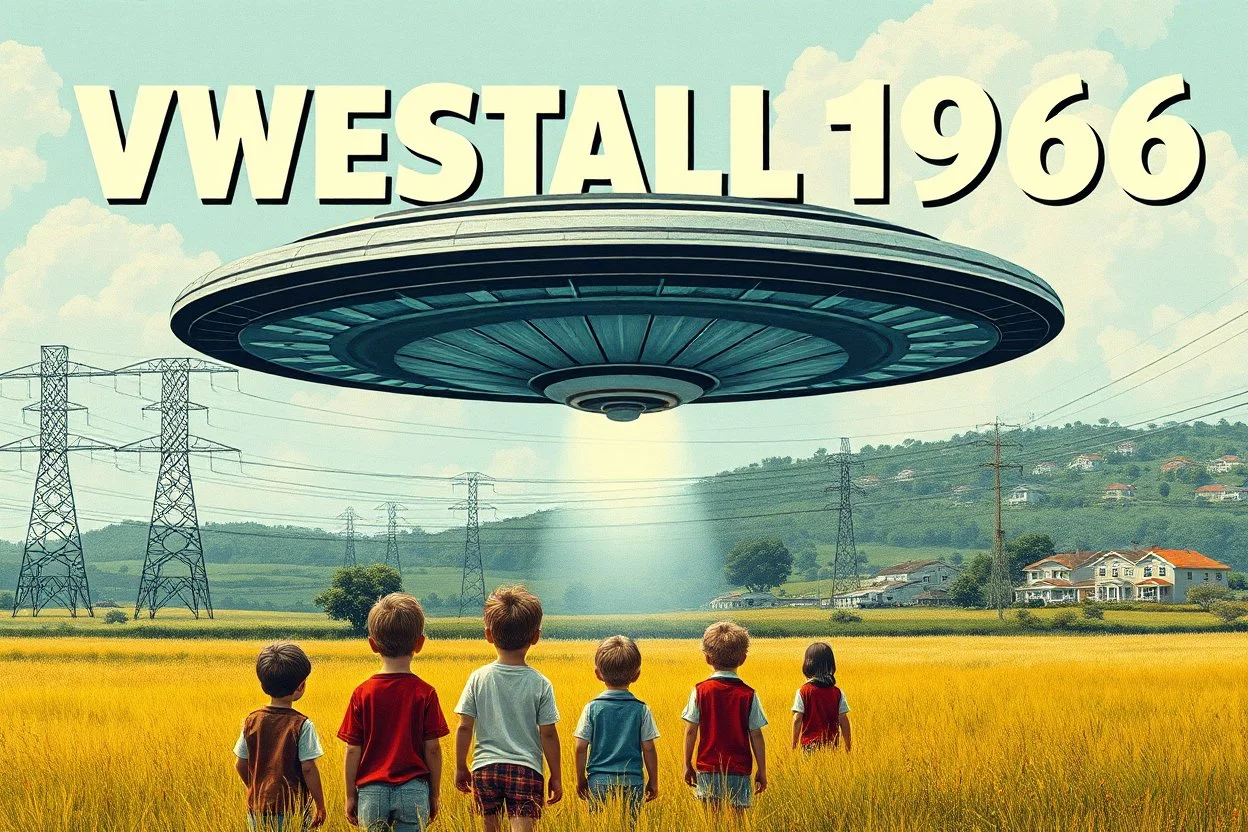 bumper sticker design, stange large flat ufo, in bold heading text "WESTALL 1966 australia", lots of school children looking up in a field, high voltage powerlines and gumtree's in distance, mysterious summer vibe, housing estate in distance,bold, story book style, lots of school kids looking in awe