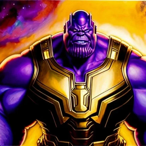 fullbody portrait in oil on canvas of Thanos with Big Golden Hulkbuster armor, intense stare, masterpiece, realistic, intricate detail, sci-fi fantasy style, volumetric lighting, particles, highly detailed ,cinematic , deep colours, 8k, by Robert E Howard