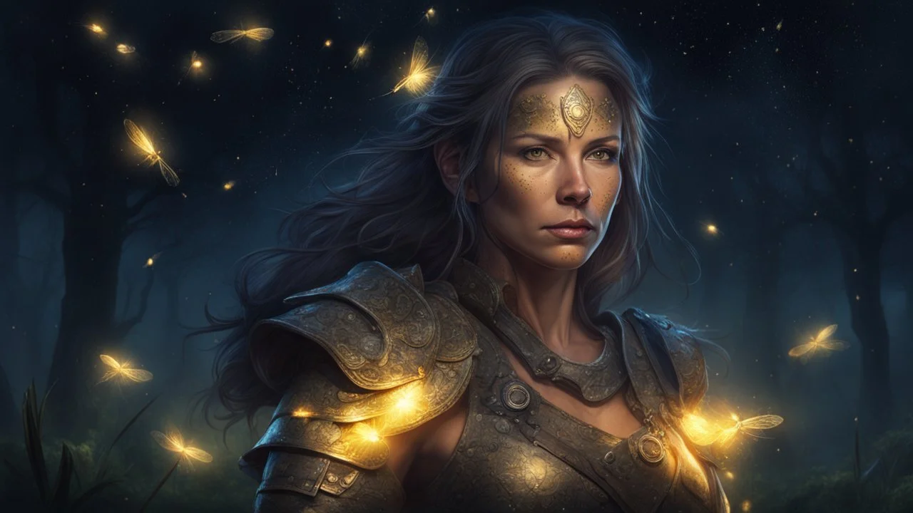 Woman Warrior 45 years old, night, fireflies