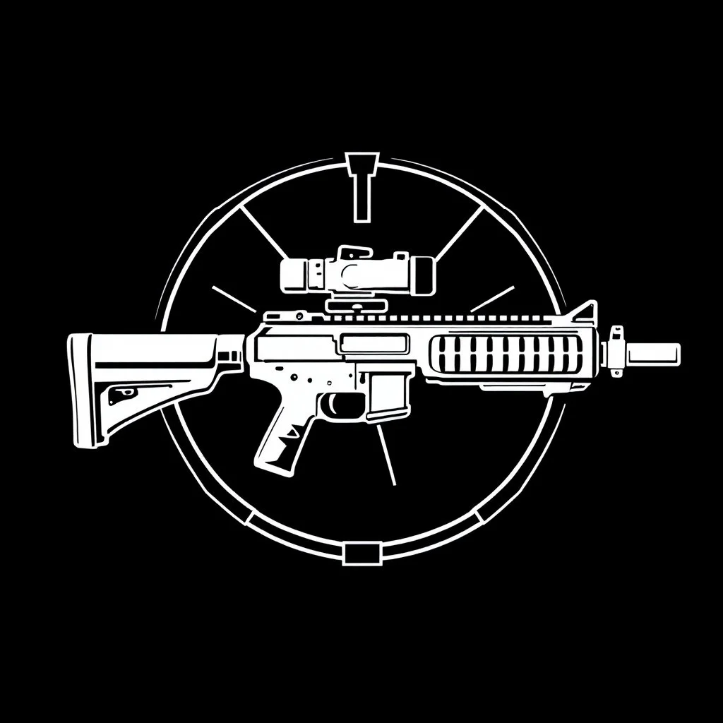 Precision arms company logo, cyberpunk style, black and white, minimalistic