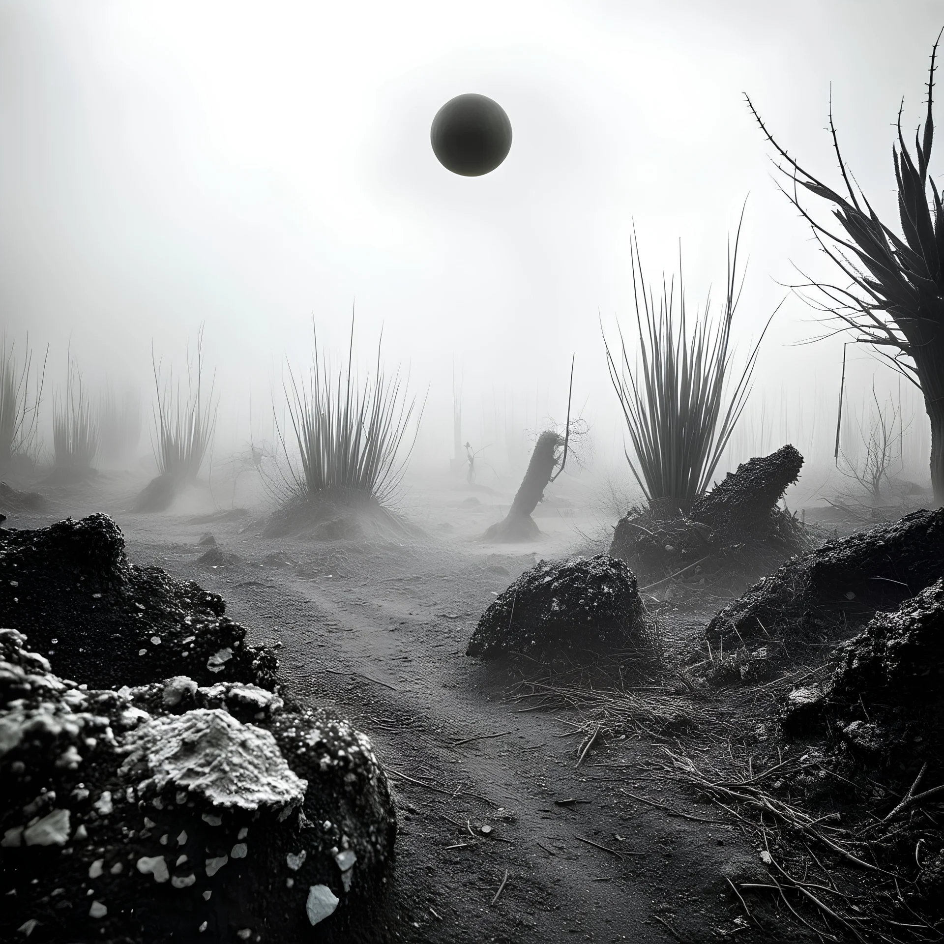 A striking quality Kodak photograph captures a wasteland with monsters and group of plants, creepy, details of the dust very accentuated, glossy organic mass, adorned with minerals and rocks. Bathed in intense light, eerie, Max Ernst style, black sun, fog