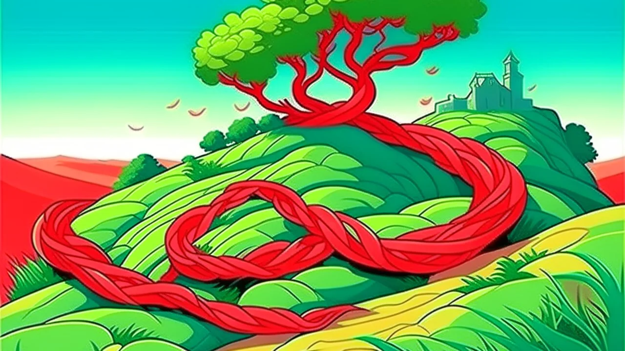 fantasy cartoon illustration: red ribbon tied around a shrub on a hill