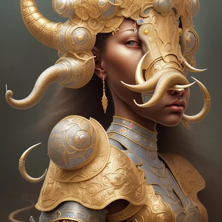 Sango fantasy, fantasy magic, intricate, sharp focus, illustration, highly detailed, digital painting, concept art, matte, art germ and Paul Lewin and Kehinde Wiley, masterpiece silver elephant head bronze Buddha Asian African girl nice breast Hawaiian hair turquoise golden waves