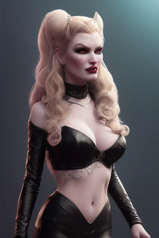 Veronica Lake as evil queen in black leather, busty, cleavage, curvy, angry, stern look. character design by cory loftis, fenghua zhong, ryohei hase, ismail inceoglu and ruan jia. unreal engine 5, artistic lighting, highly detailed, photorealistic, fantasy