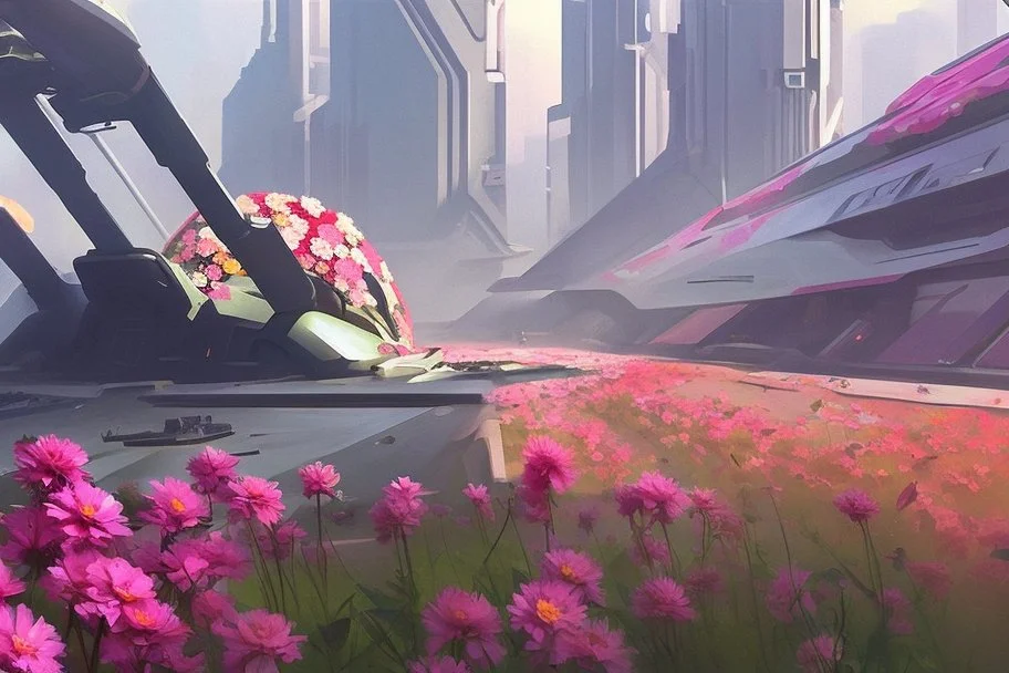 sunny day, flowers, epic, sci-fi, modern contemporary city