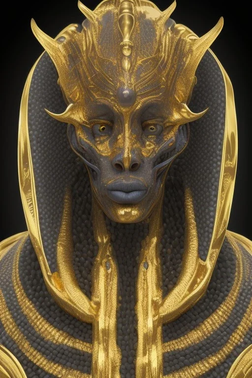 shiny black male African Egyptian alien, cracks in the voodoo head, wicked, eyes, crown, Elephant, 8k, finely detailed, photo realistic, tiger turquoise skull head gold dragon space alien snow skeleton gold fang teeth silver crown silver eyes