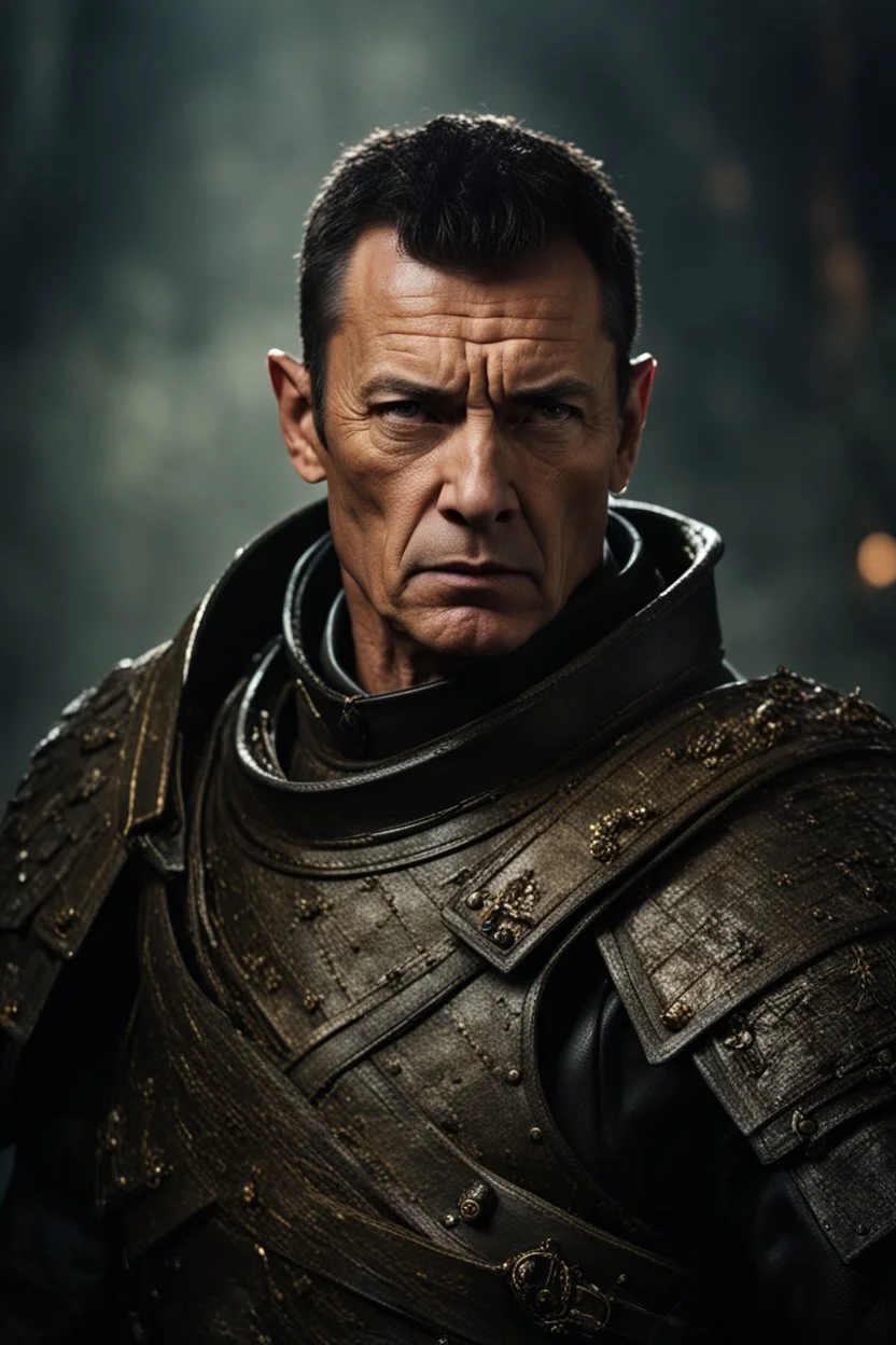 portrait of a 50 year old military commander. Cruel expression, dark crew cut hair, dark fantasy