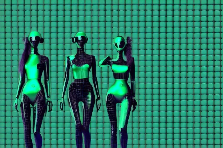 Dark green to cyan metal surfaces body, latex. partly coverage metallic. Slim bodies and big butts, man and hot Russian military girls marching. Old-fashioned telephones&cameras integrated to heads. Matrix leather Cyber-punk. Dystopia perfect body. Red&blue 3D-tiling. Dystopia. Partly symmetrical in relation to machines. Perfect golden ratio in vertical and horizontal directions. Bending time-space-continuum. Balls in 5th dimension Tessellation in 4-dimension long frog fingers