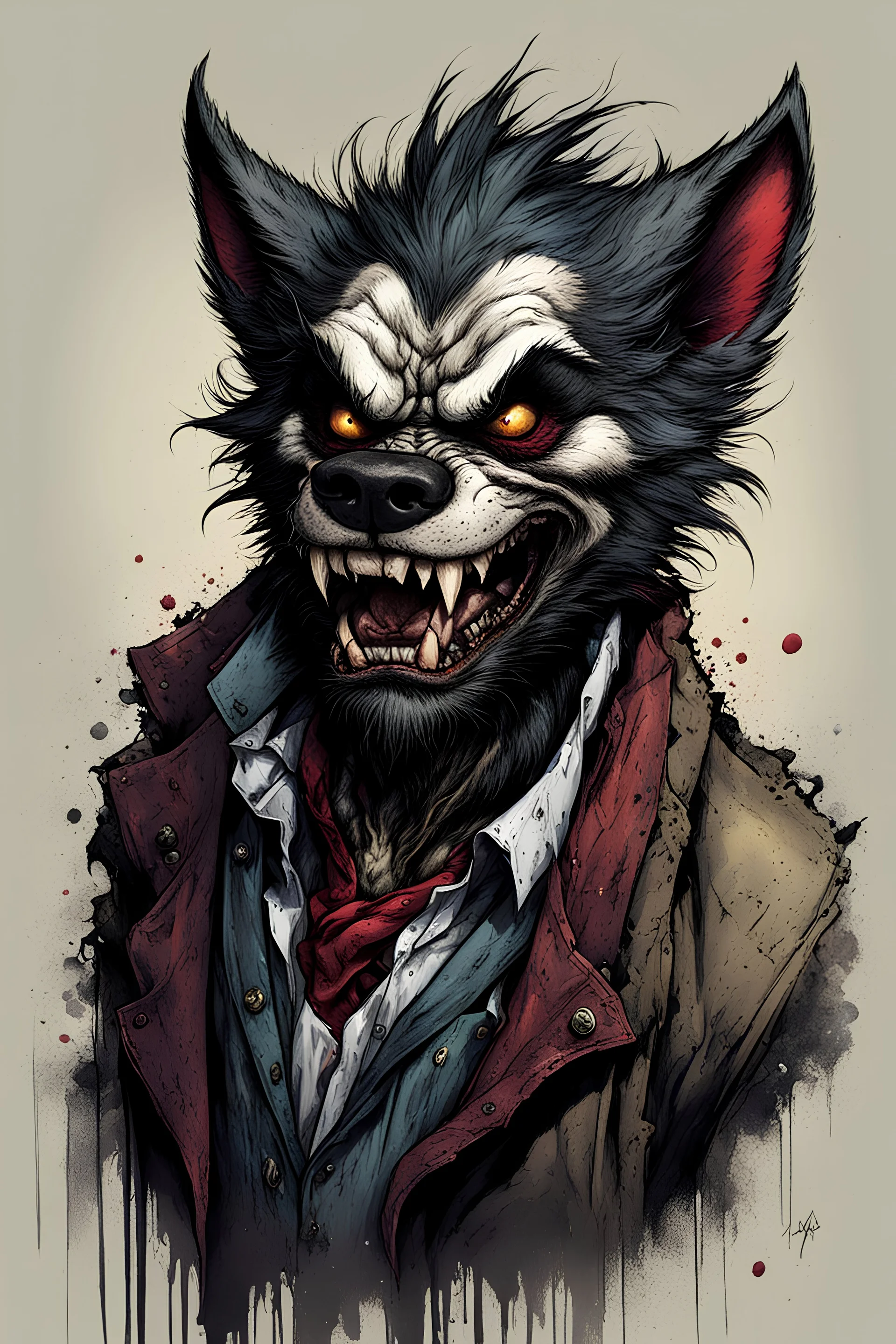 highly detailed full color, caricature concept illustration of a sad, destitute skid row Werewolf character , maximalist, sharp focus, highest resolution, in the styles of Ralph Steadman, Brom, Denis Forkas , and Masahiro Ito, boldly inked, 8k, coarse, gritty textures