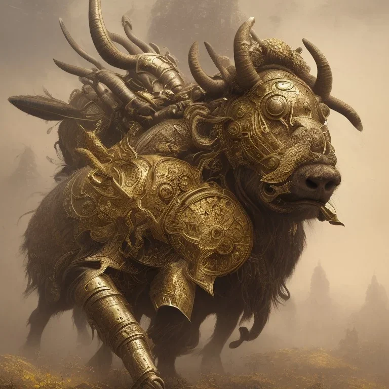 a Buffalo warrior in Gold and black battle armor, a highly detailed illustration, background of Inka jungle, realistic render, 8 k, micro detail, intricate, elegant, centered, digital painting, Artstation, smooth, sharp focus, illustration, artgerm, tomasz alen kopera, peter mohrbacher, donato giancola, joseph christian leyendecker, wlop, boris vallejo