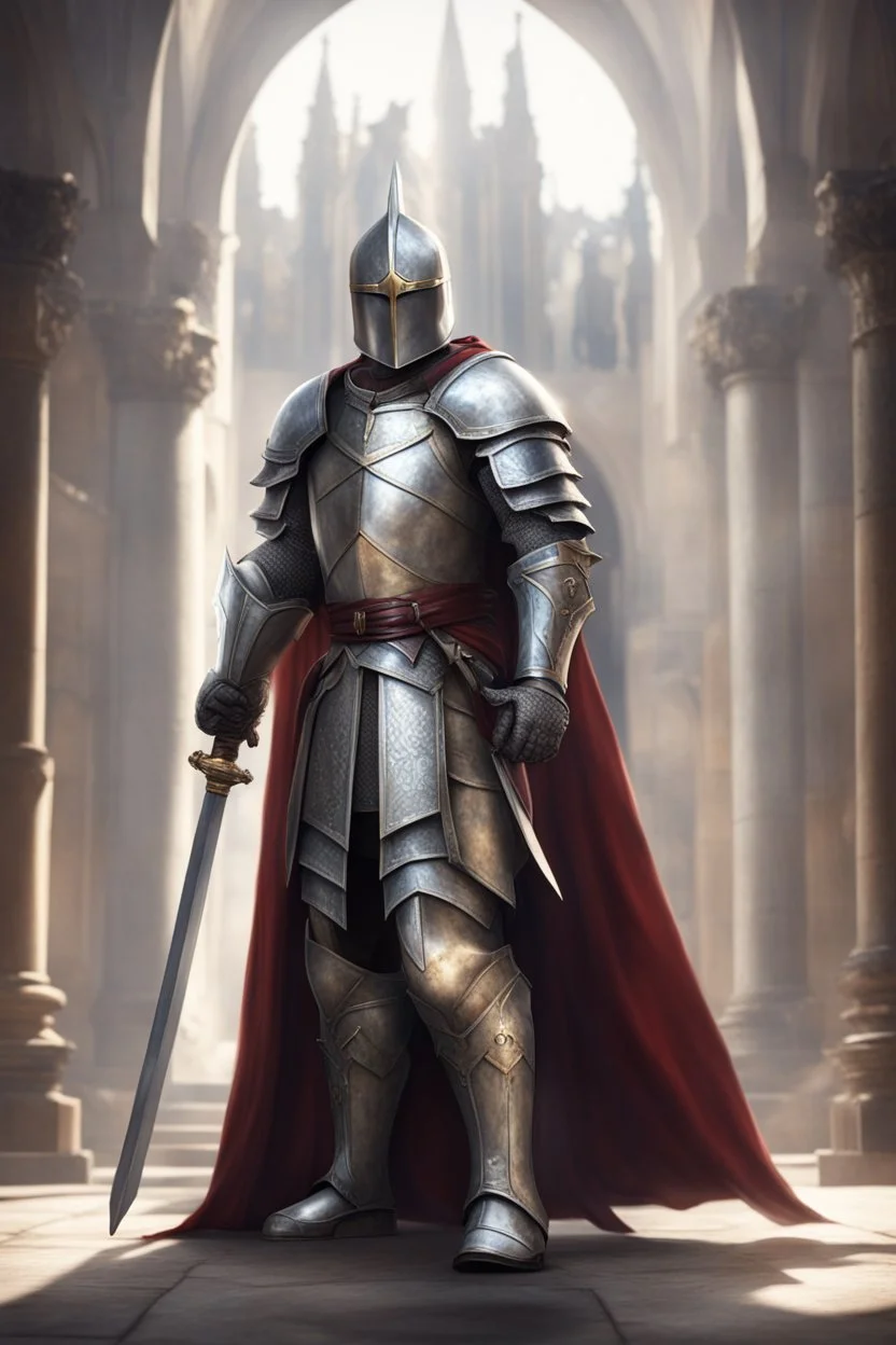 photorealistic holy knight paladin wearing a cape wielding a greatsword temple in the background