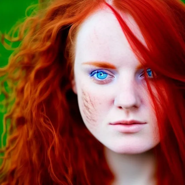 face of a young irish woman head and gaze downcast with fine features and long red hair