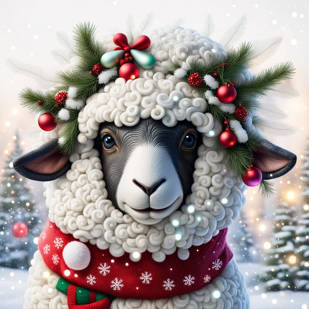 festive Whimiscial sheep in snow, with lights dressed for Christmas in holiday sweater