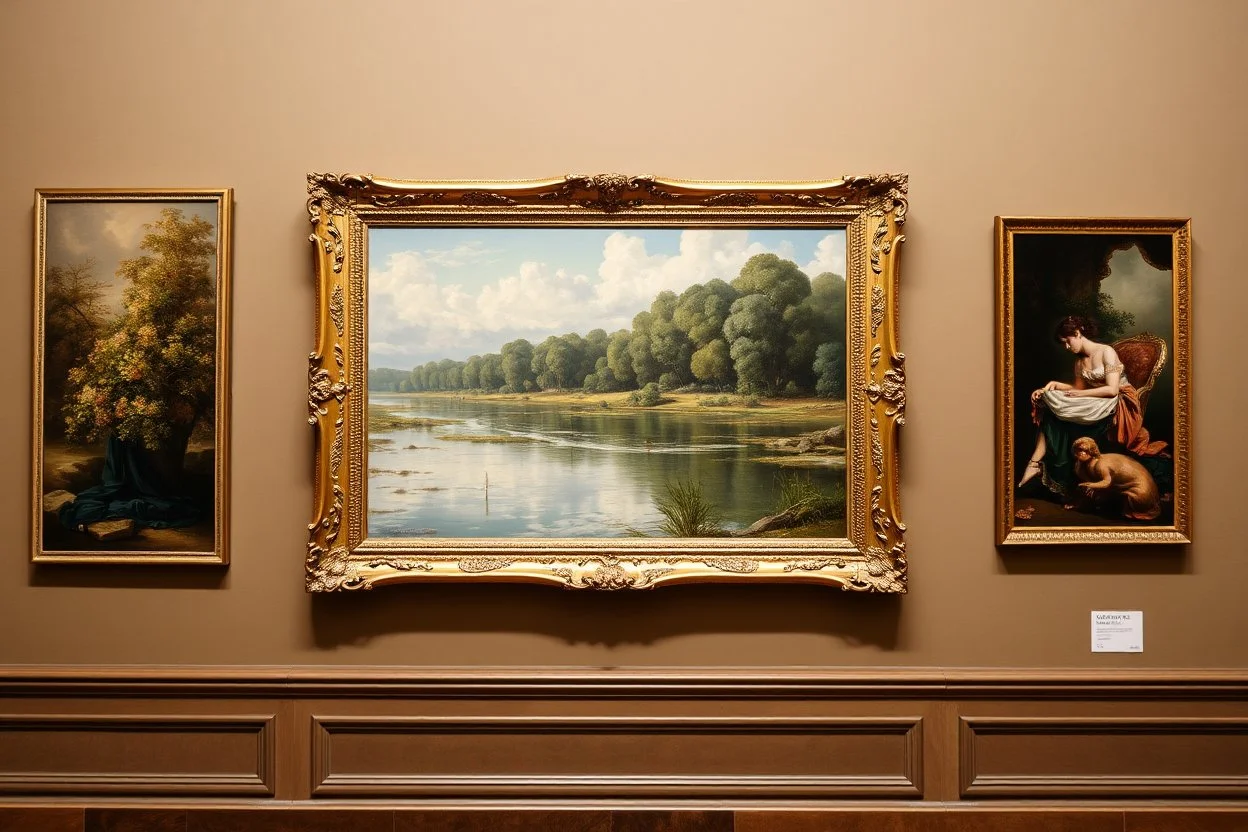 a classic painting on a musiume wall showing a lady standing next a river in coutry side with a luxury frame