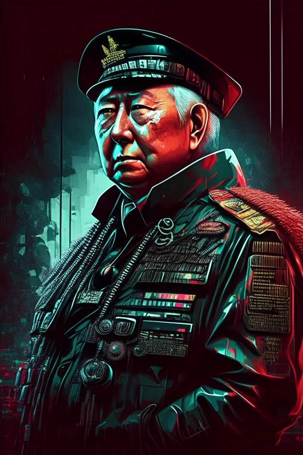 Soeharto former president of Republic Indonesia in militiary cyberpunk style