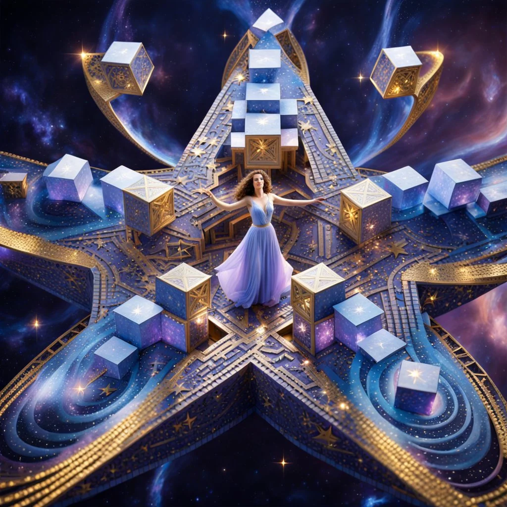 A surreal cosmic scene featuring an elegant woman in a flowing lavender and blue gown standing at the center of a massive five-pointed star-shaped platform floating in deep space. The star is constructed from intricate architectural elements - miniature buildings, geometric cubes, and stone blocks arranged in a mosaic pattern. Golden luminous trails and swirling energy ribbons spiral around the star's points. The background features a breathtaking nebula with purple, pink, and blue cosmic clouds